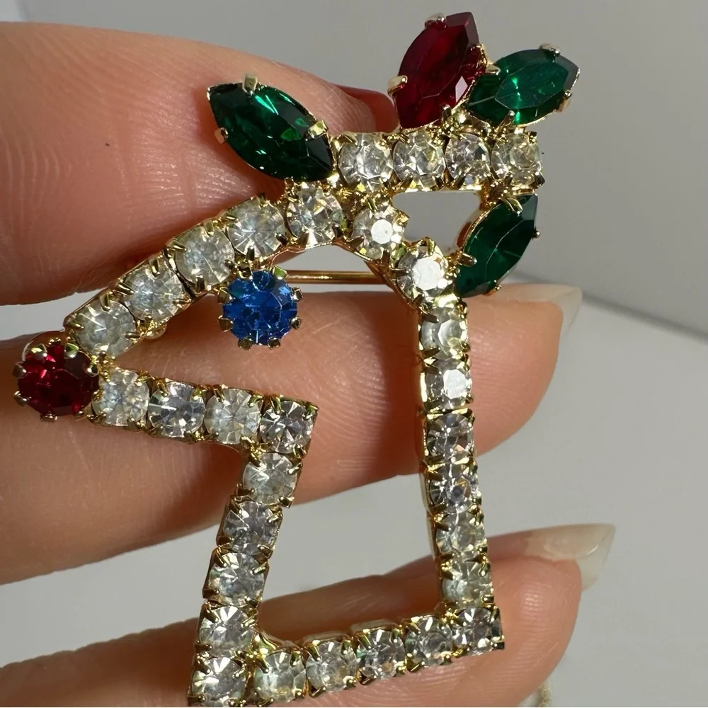 Gold Tone Rhinestone Bow, Butterfly & Reindeer Brooch Pins Lot of 3